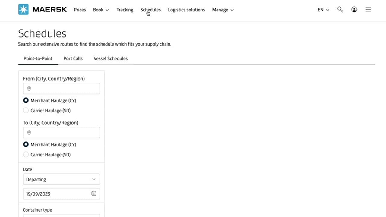 Snapshot of schedules tab in Maersk portal