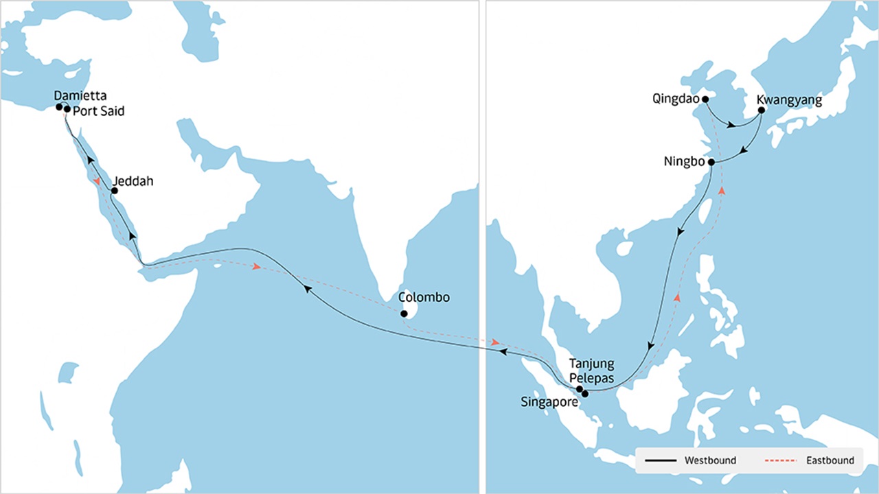 AE 15 - Asia to Europe service map