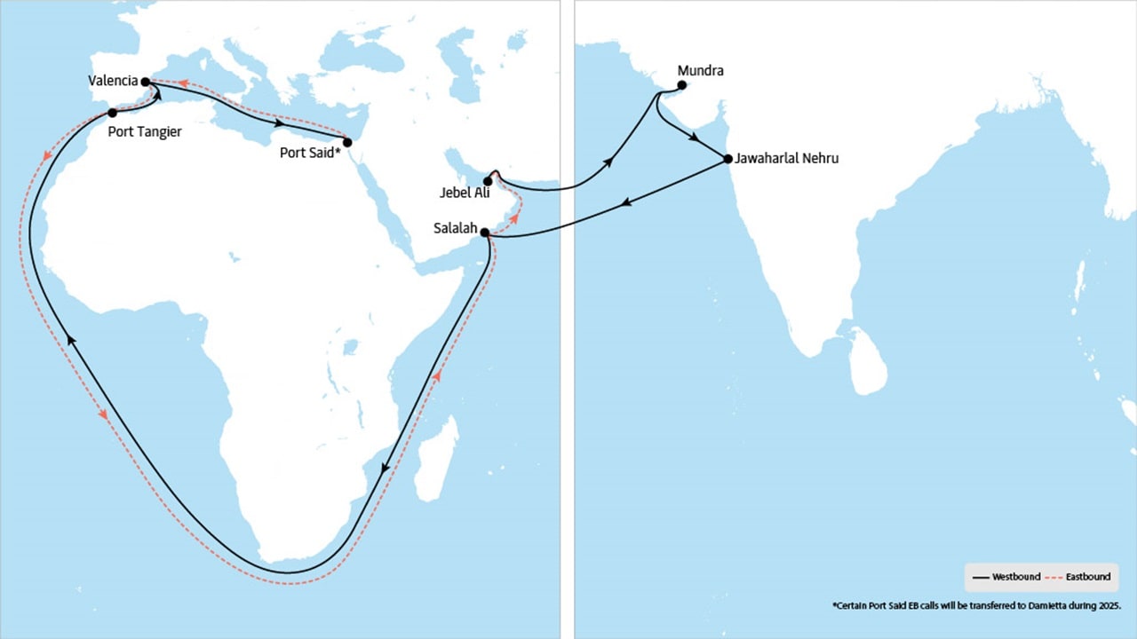 ME 11 - Middle East to Europe service map
