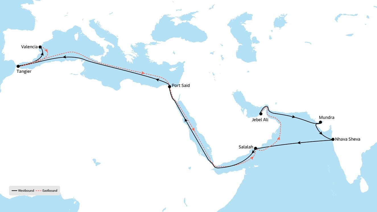 ME 11 - Middle East to Europe service map