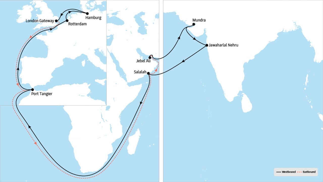 ME 1 - Middle East to Europe service map