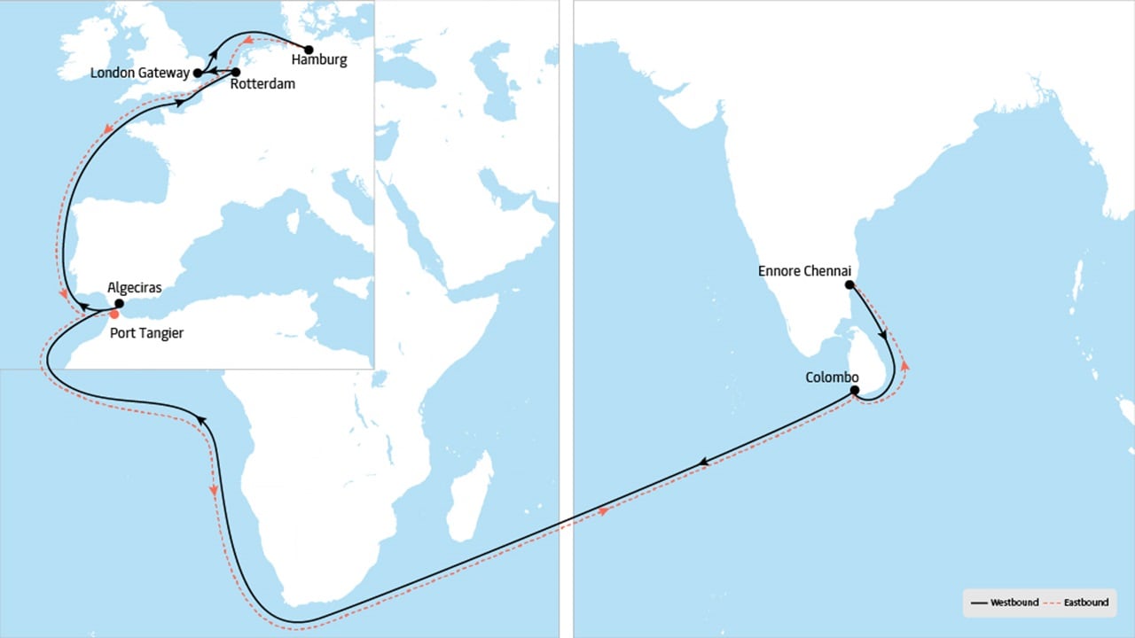 ME 2 - Middle East to Europe service map