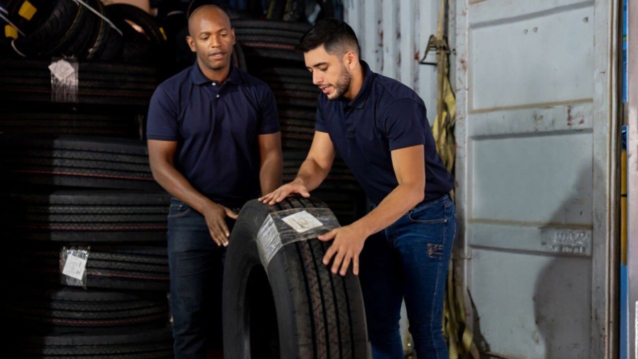 Workers handling tire in warehouse