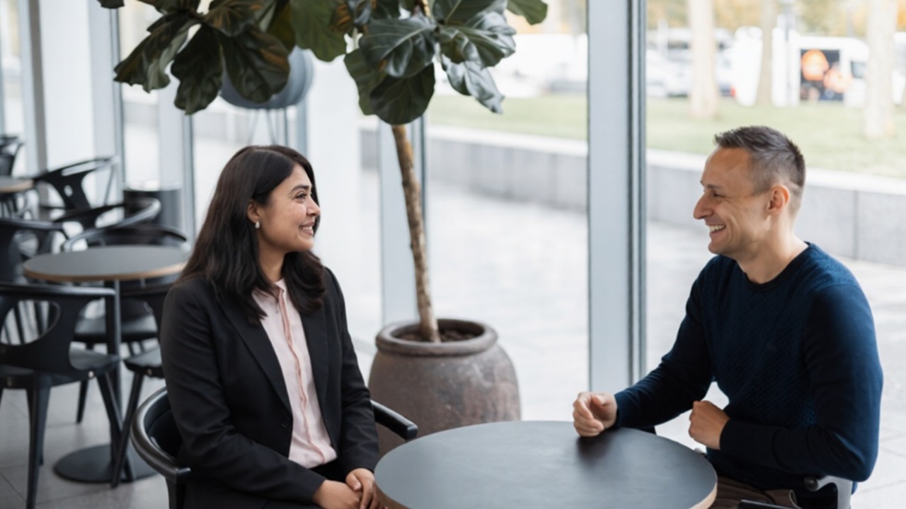 Two colleagues seated at a small table in a bright office lounge, engaged in conversation.
