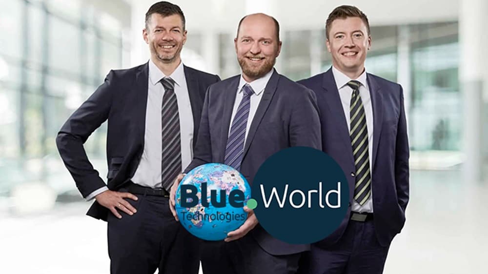 Blue world technology founders with its logo