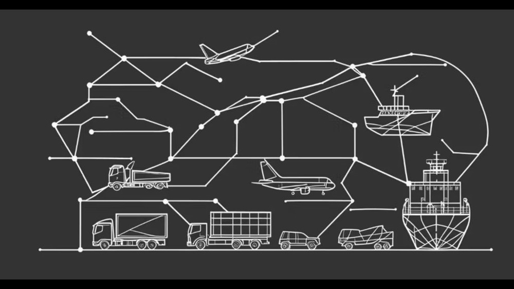 Illustrated network diagram showing interconnected modes of transport including ships, airplanes, and trucks, representing a global logistics network.
