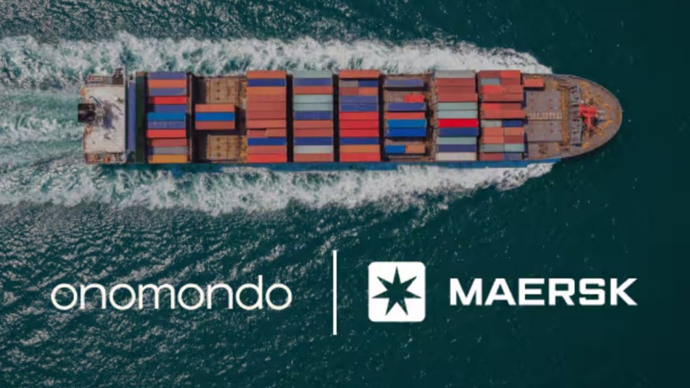 Aerial view of a container ship loaded with multicoloured containers sailing through open water, with Onomondo and Maersk logos overlaid.
