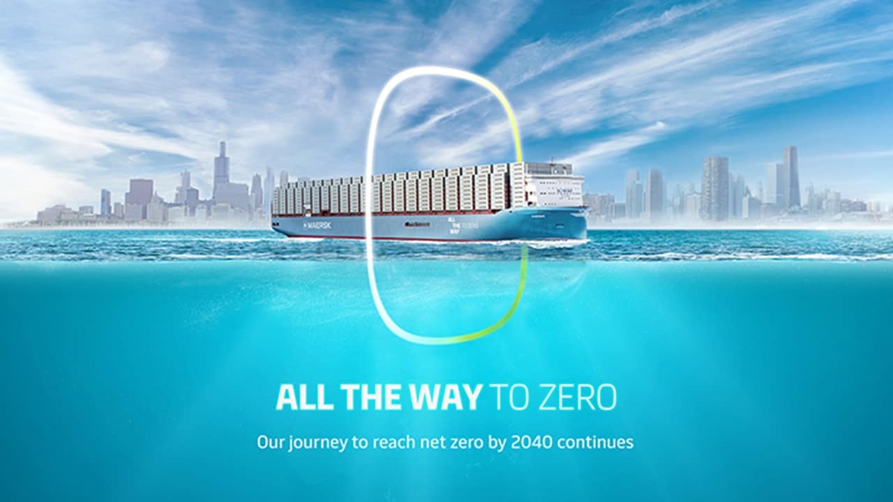 A Maersk ship on water, running on green methanol, carrying cargo containers.