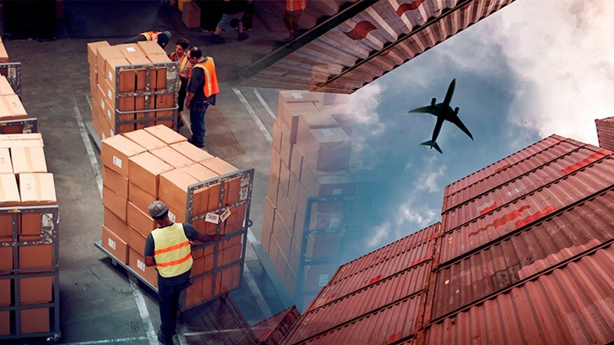 Men working in a warehouse, plane flying over containers