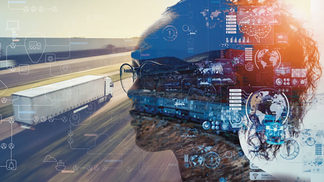 Composite image of woman viewing supply chain network