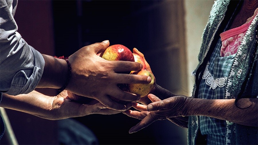 Two sets of hands holding apples