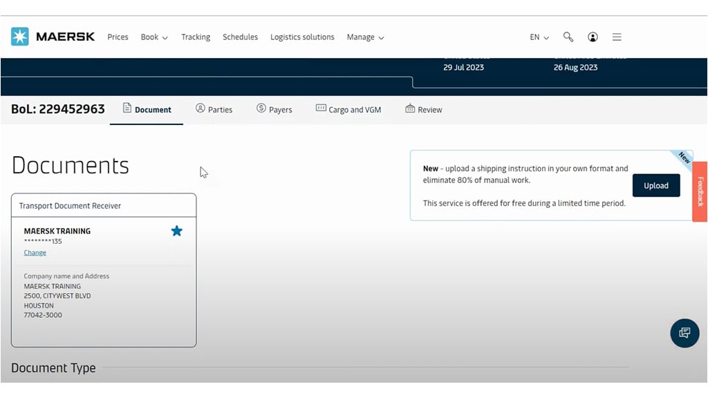 Transport Document Receiver details under Document section, for a specific B/L, in the Shipping Instructions submit portal