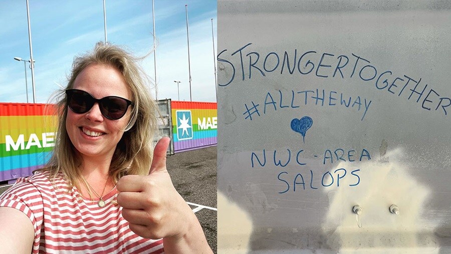 Nanneke Visscher, Customer Success Manager in front of a Maersk Rainbow container in Rotterdam.