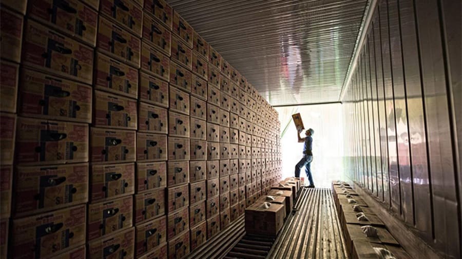 A worker stacks boxes inside a shipping container filled with cartons.