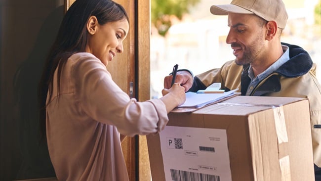 A woman signing for a package from a delivery person at her doorstep.
