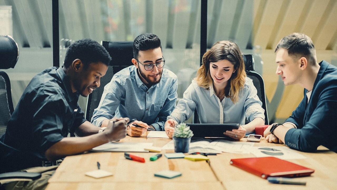 A group of people discussing