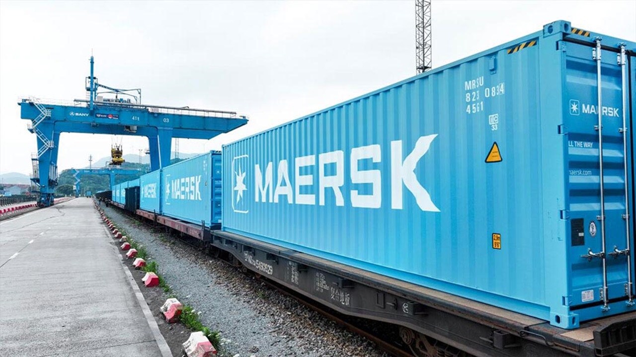 Blue Maersk containers on a freight train