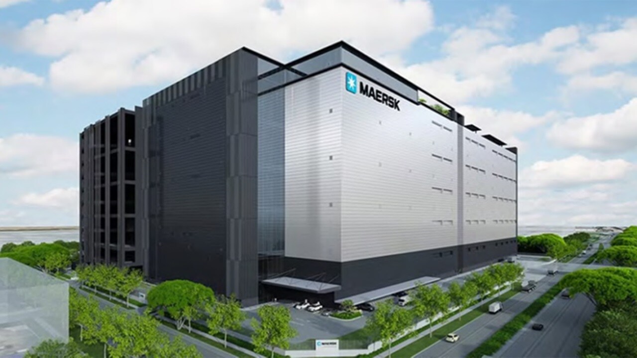 Maersk warehouse with a sleek, black and silver facade.