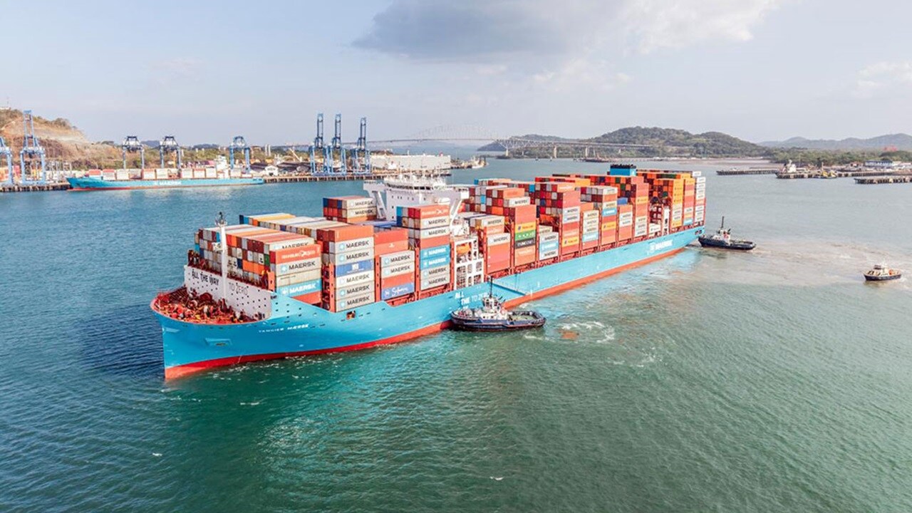 Maersk container ship arriving at an ocean terminal