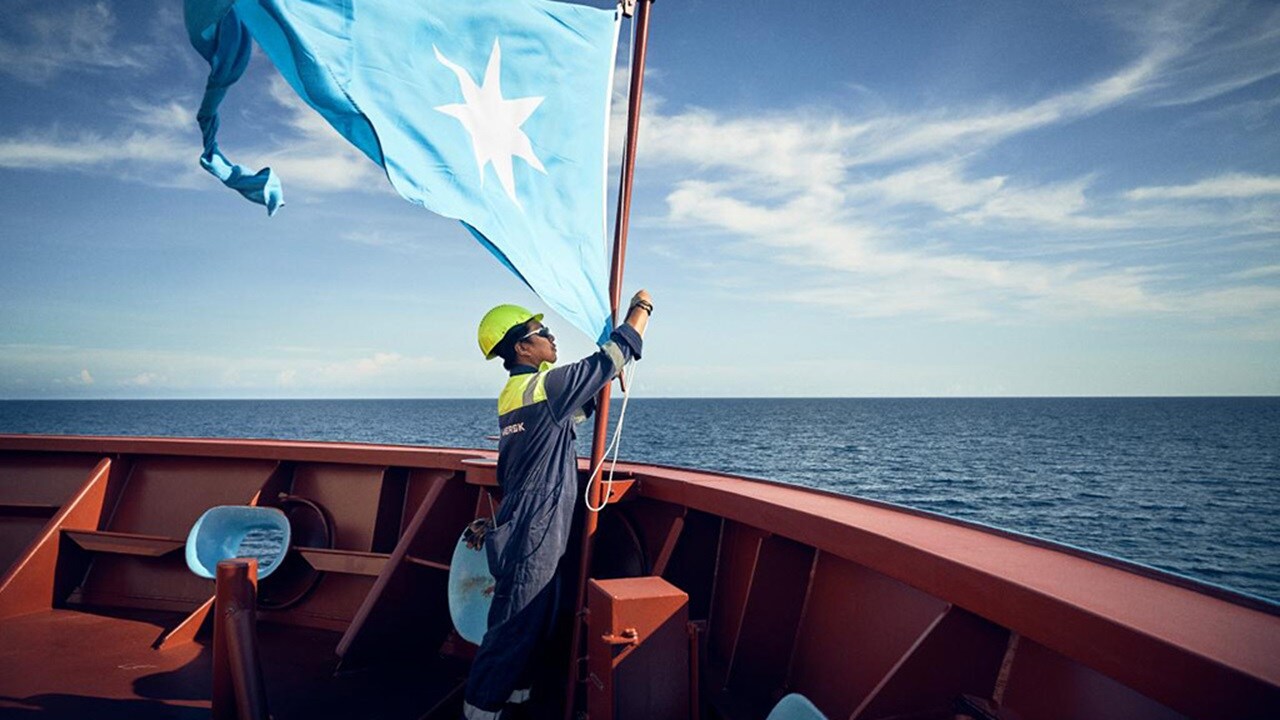 Maersk flag on vessel on the ocean