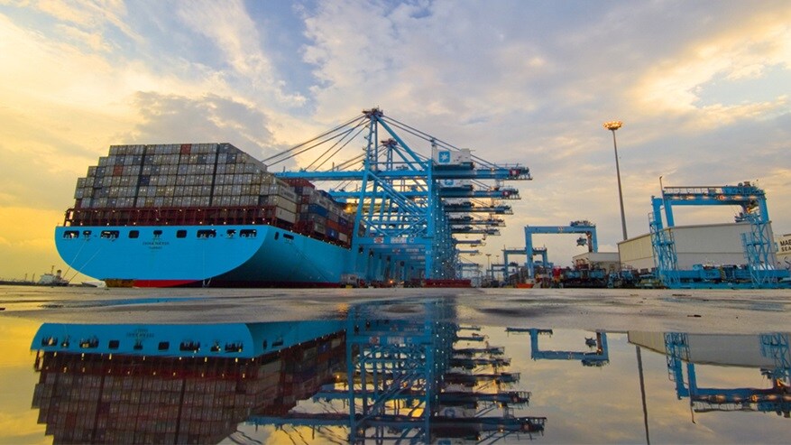 A.P. Moller - Maersk container waiting at a port.